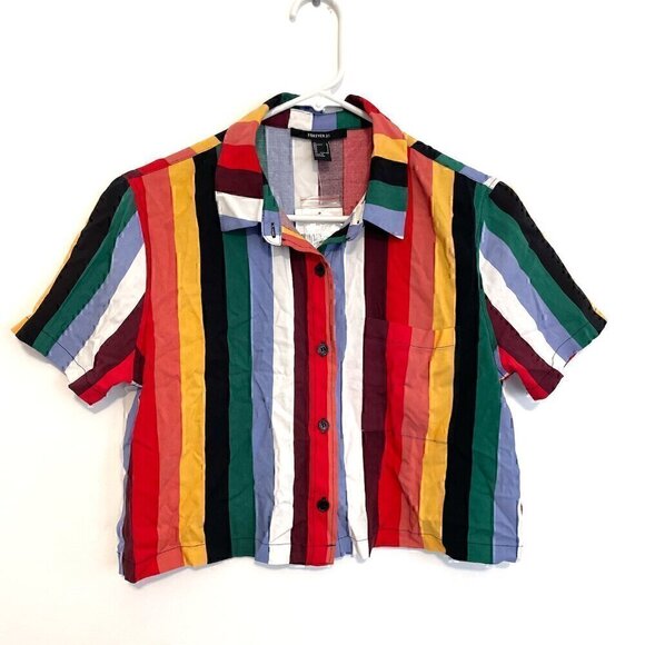 NEW NWT FOREVER 21 Rainbow Striped Short Sleeve Cropped Button Down Crop Top S - Picture 2 of 12